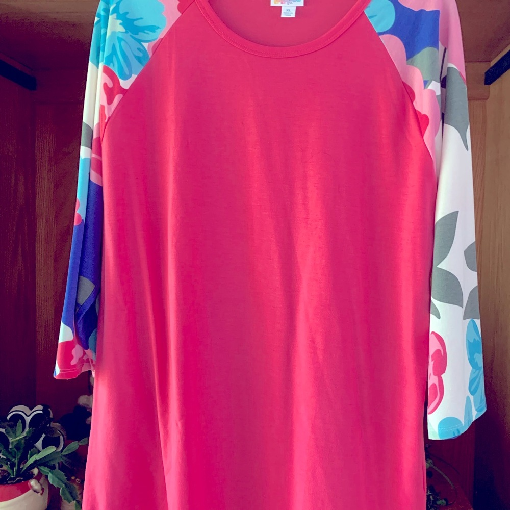 LuLaRoe Red Top with Floral Sleeves